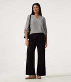 V Neck Long Sleeve Stripe Work Linen-Feel Blouse with Pocket — Light Black White Stripe — view 7