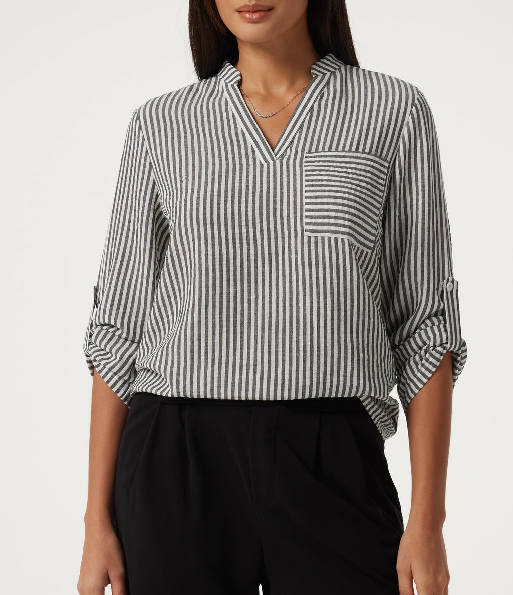 V Neck Long Sleeve Stripe Work Linen-Feel Blouse with Pocket — Light Black White Stripe — view 6