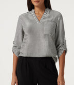 V Neck Long Sleeve Stripe Work Linen-Feel Blouse with Pocket — Light Black White Stripe — view 6