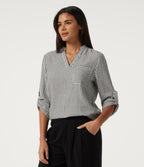 V Neck Long Sleeve Stripe Work Linen-Feel Blouse with Pocket — Light Black White Stripe — view 3