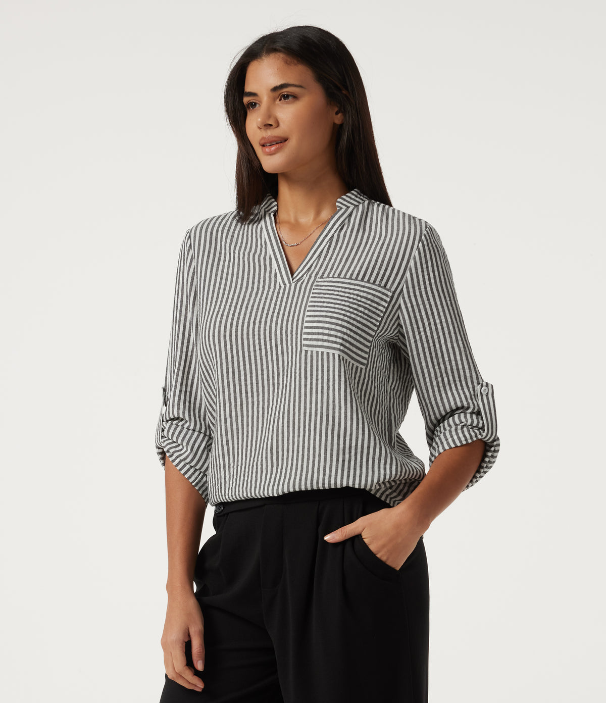 V Neck Long Sleeve Stripe Work Linen-Feel Blouse with Pocket — Light Black White Stripe — view 3