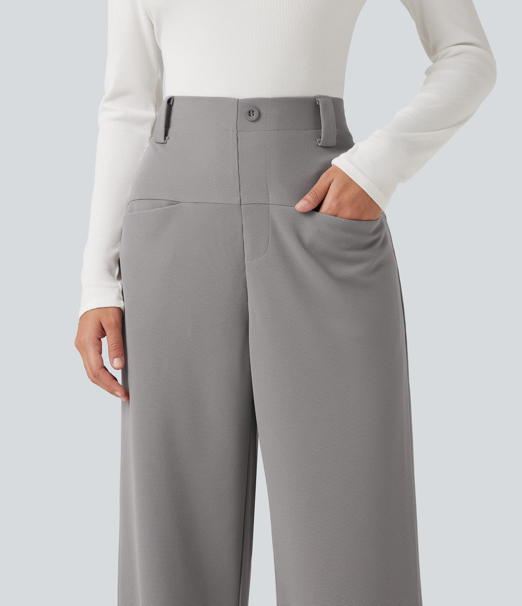 High Waisted Straight Leg Waffle Work Trousers with Pockets — Gull — view 6