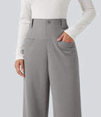High Waisted Straight Leg Waffle Work Trousers with Pockets — Gull — view 6