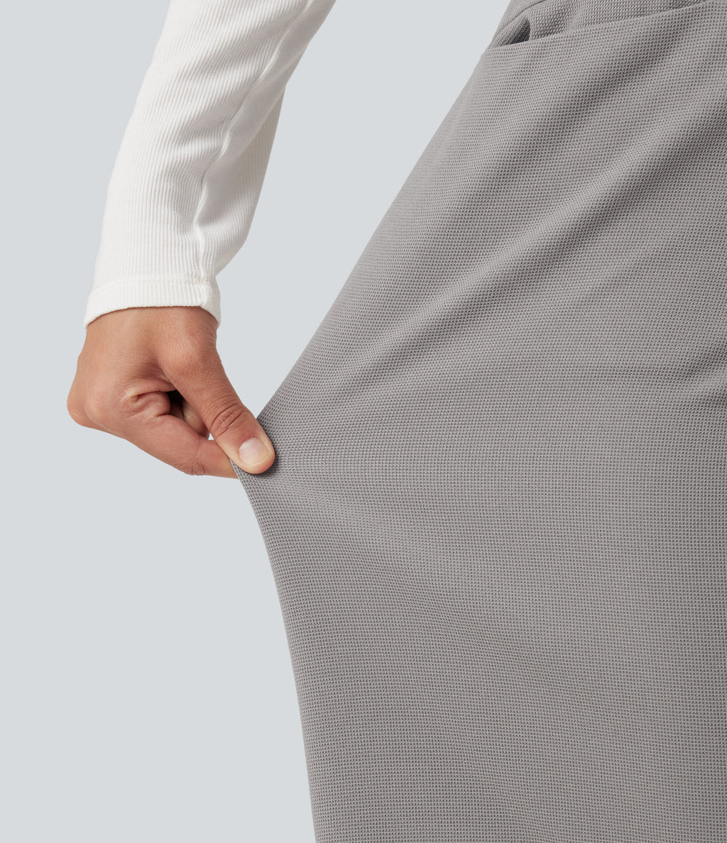 High Waisted Straight Leg Waffle Work Trousers with Pockets — Gull — view 7