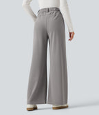 High Waisted Straight Leg Waffle Work Trousers with Pockets — Gull — view 2