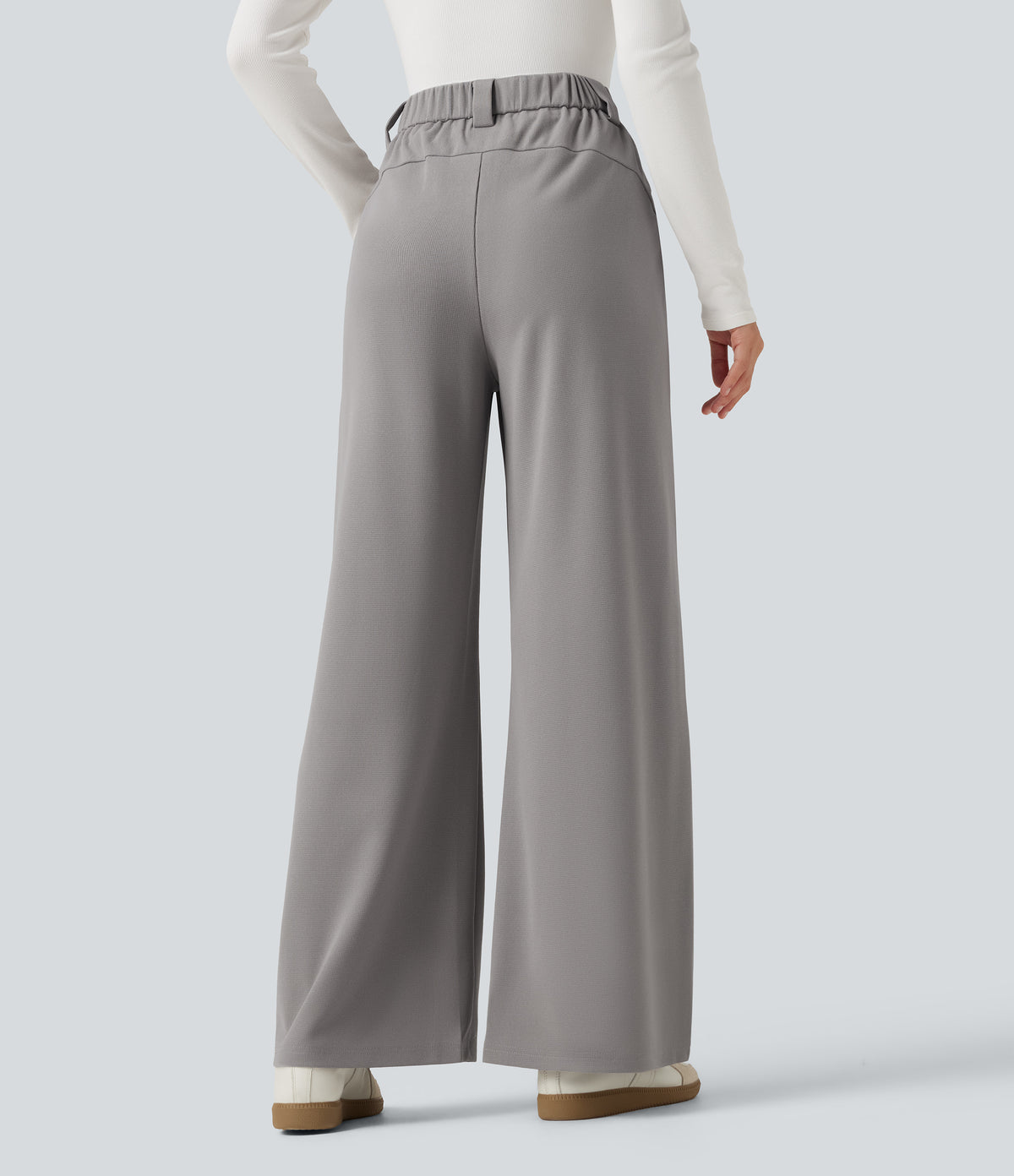 High Waisted Straight Leg Waffle Work Trousers with Pockets — Gull — view 2