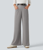 High Waisted Straight Leg Waffle Work Trousers with Pockets — Gull — view 4