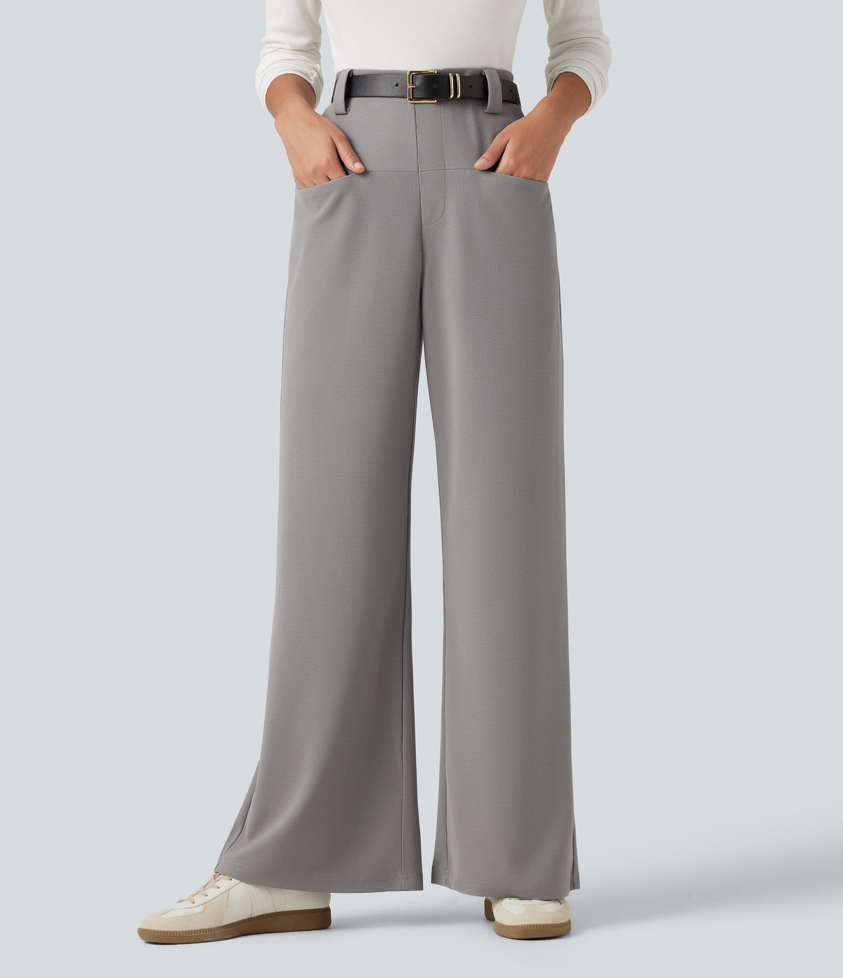 High Waisted Straight Leg Waffle Work Trousers with Pockets — Gull — view 4