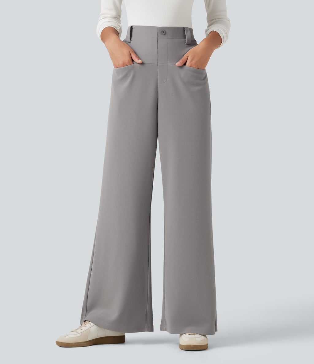 High Waisted Straight Leg Waffle Work Trousers with Pockets — Gull — view 3