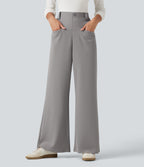 High Waisted Straight Leg Waffle Work Trousers with Pockets — Gull — view 3