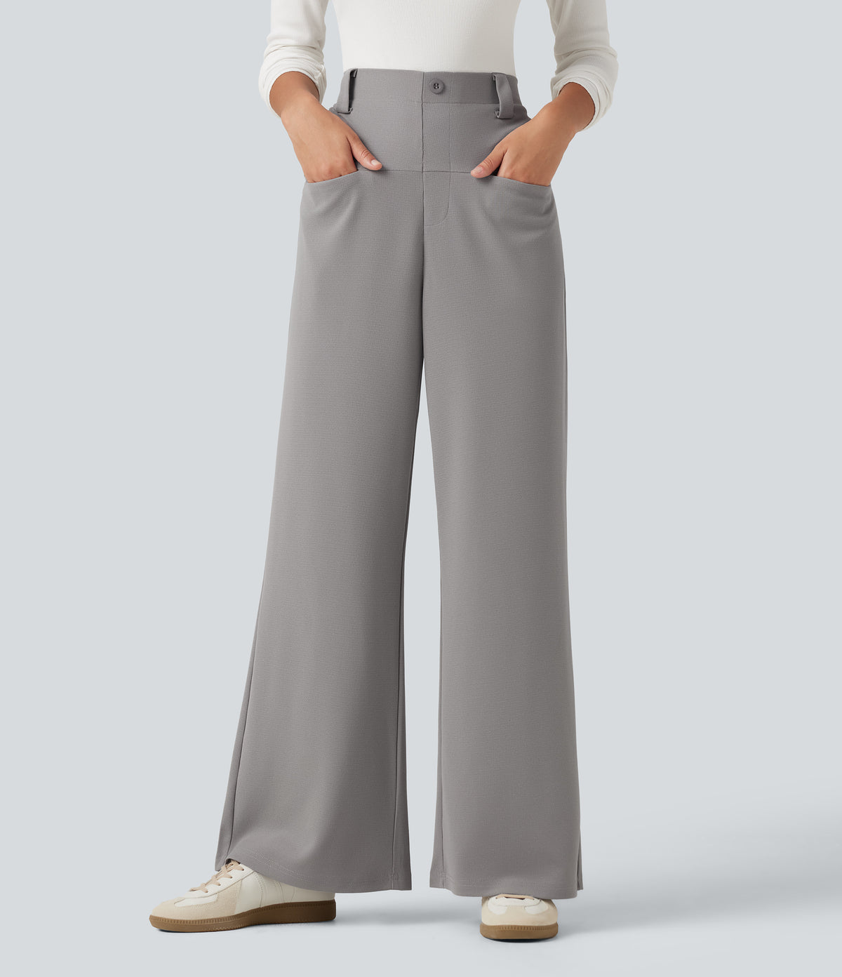 High Waisted Straight Leg Waffle Work Trousers with Pockets — Gull — view 3