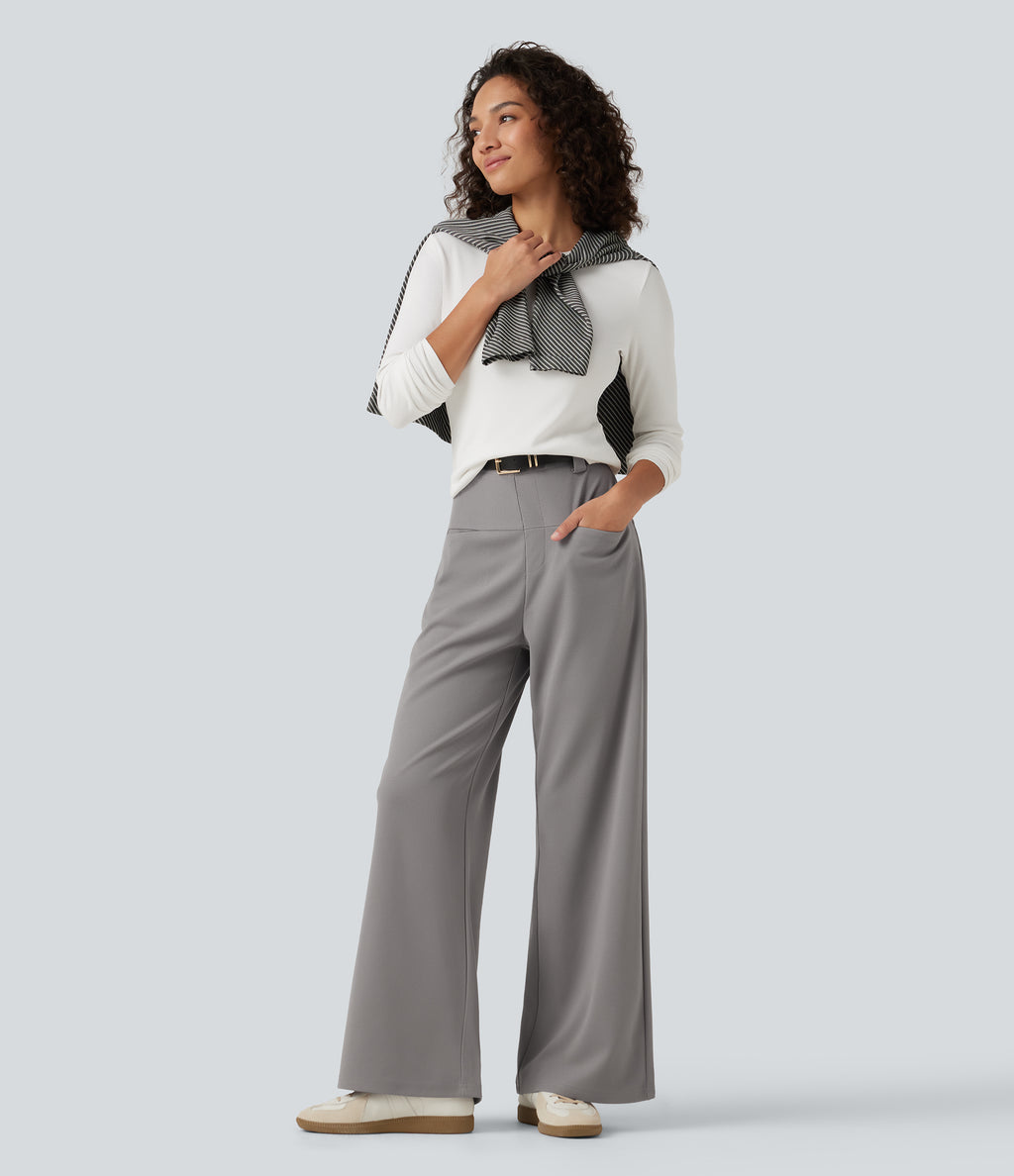 High Waisted Straight Leg Waffle Work Trousers with Pockets — Gull — view 8