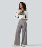 High Waisted Straight Leg Waffle Work Trousers with Pockets — Gull — view 8