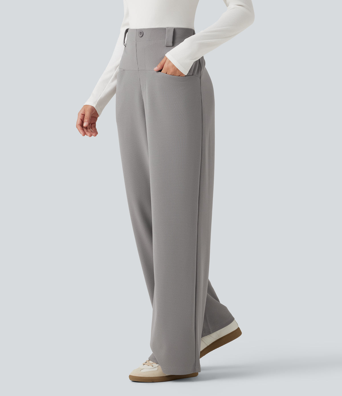 High Waisted Straight Leg Waffle Work Trousers with Pockets — Gull — view 1