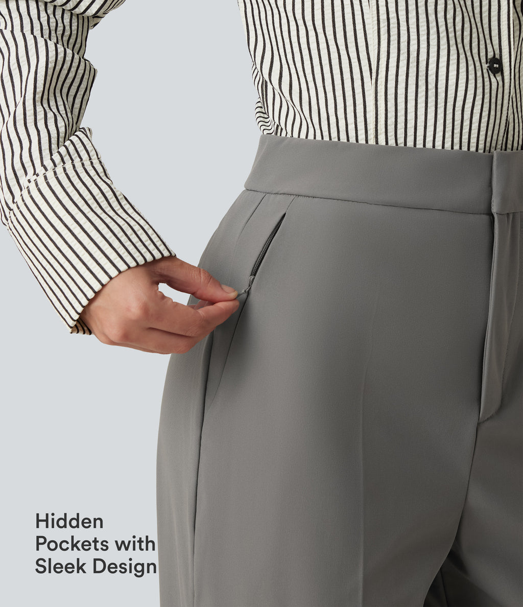 Wrinkle Recovery High Waisted Baggy Work Trousers with Pockets — Silent Storm — view 5