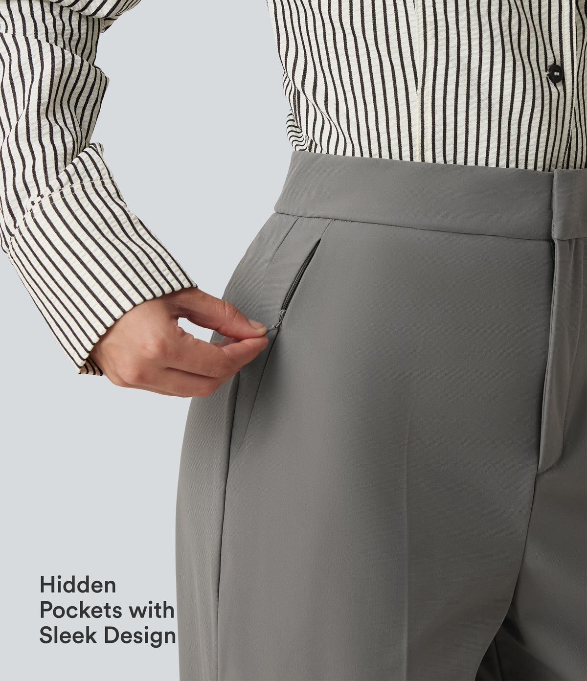 Wrinkle Recovery High Waisted Baggy Work Trousers with Pockets — Silent Storm — view 5