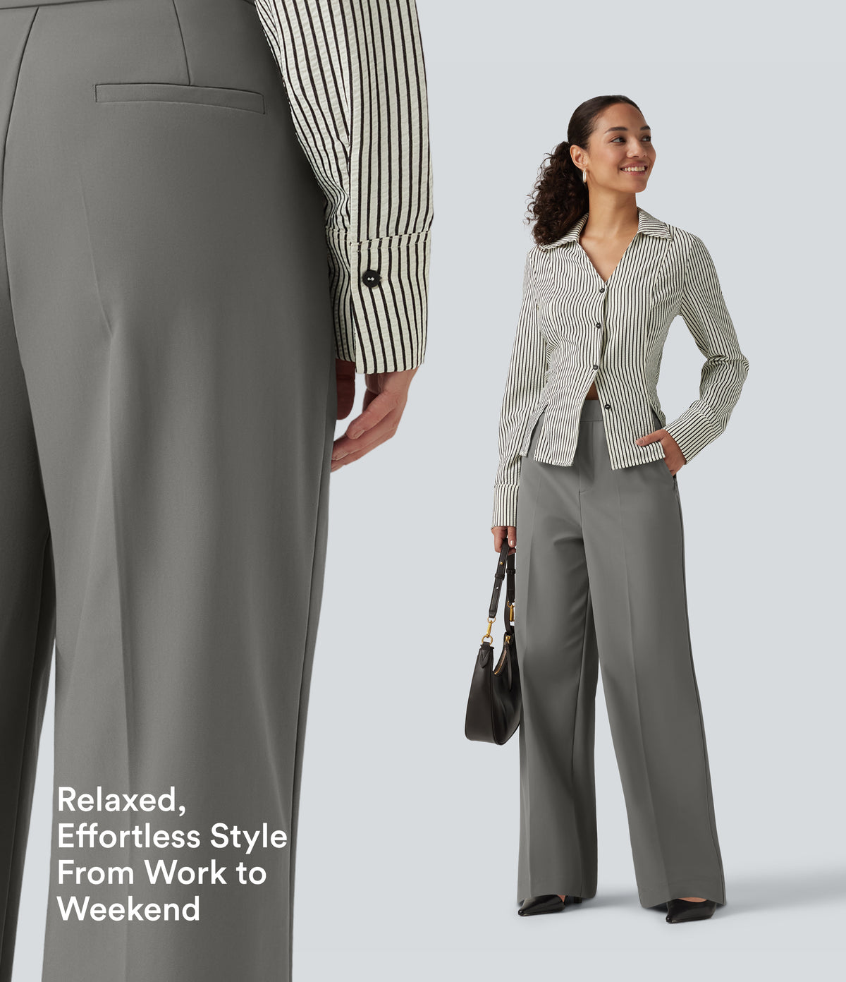 Wrinkle Recovery High Waisted Baggy Work Trousers with Pockets — Silent Storm — view 6