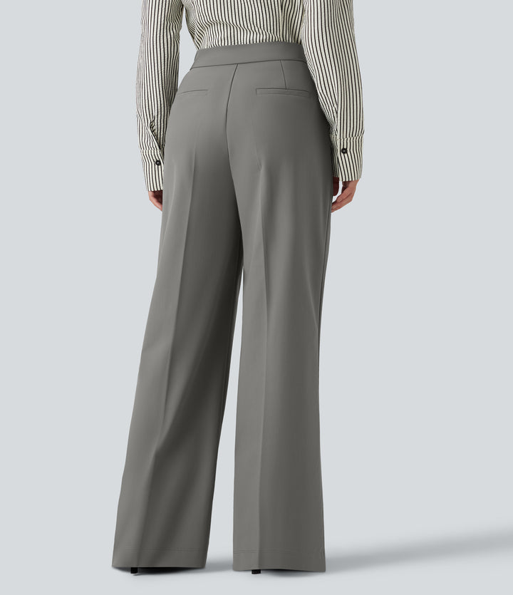 Wrinkle Recovery High Waisted Baggy Work Trousers with Pockets — Silent Storm — view 3