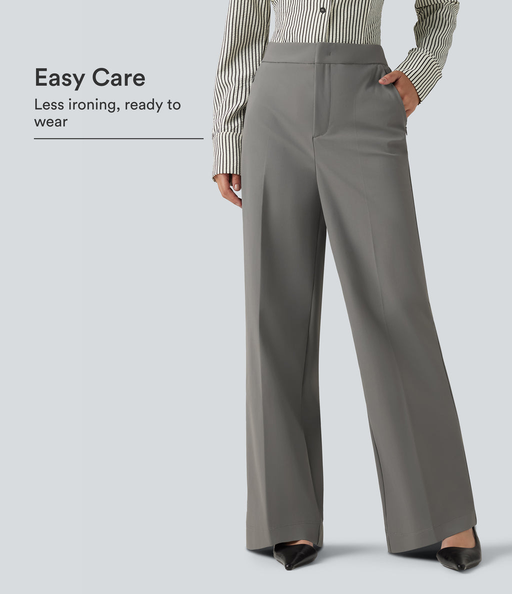 Wrinkle Recovery High Waisted Baggy Work Trousers with Pockets — Silent Storm — view 1