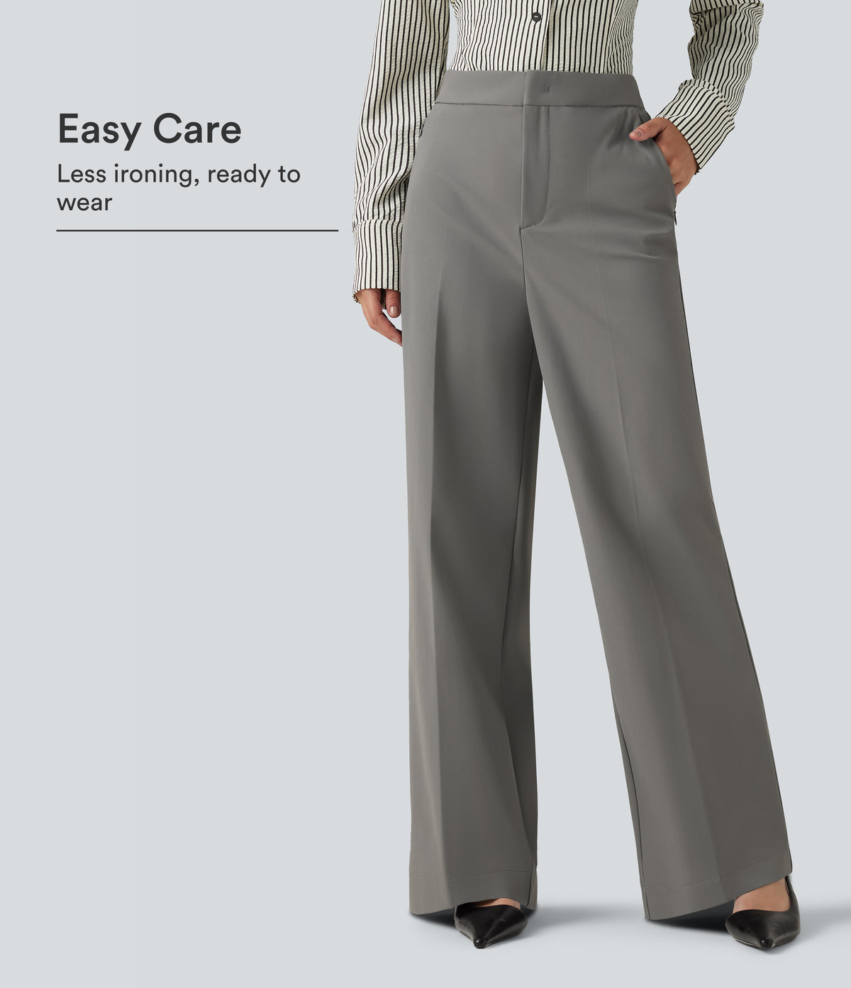 Wrinkle Recovery High Waisted Baggy Work Trousers with Pockets — Silent Storm — view 1