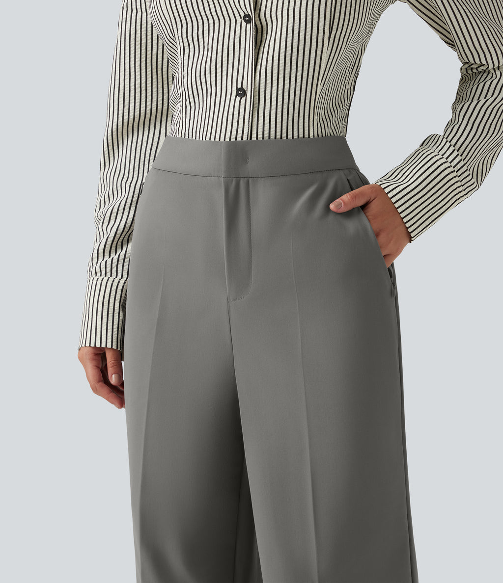 Wrinkle Recovery High Waisted Baggy Work Trousers with Pockets — Silent Storm — view 8