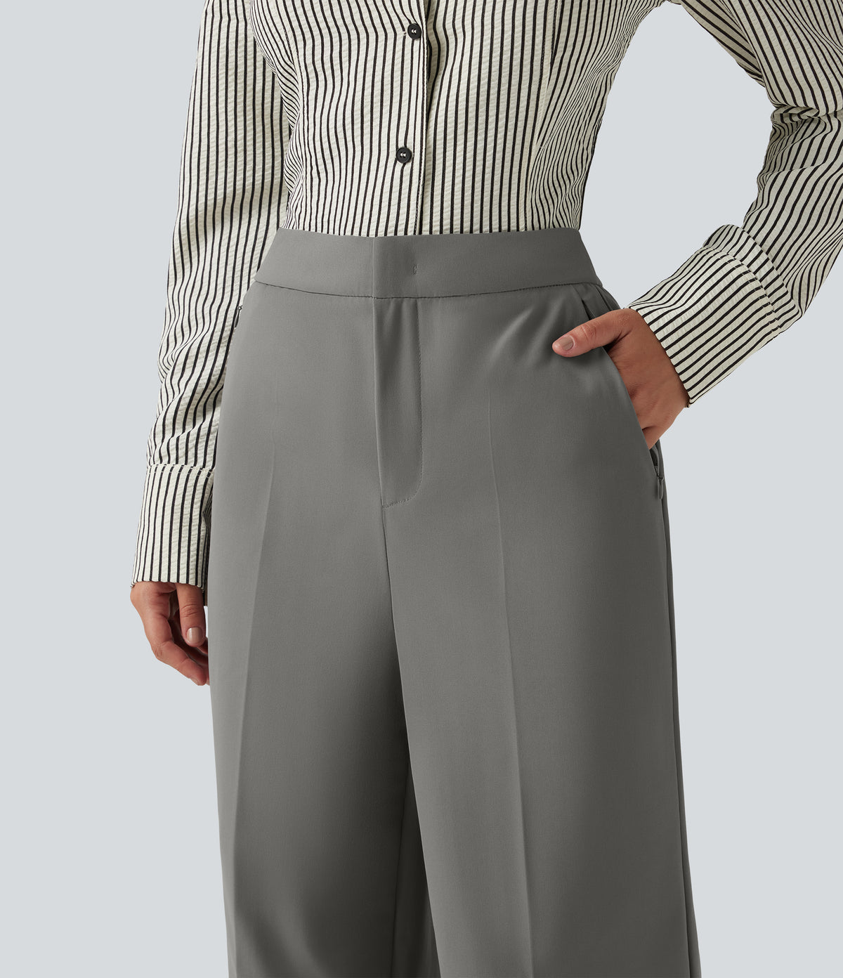 Wrinkle Recovery High Waisted Baggy Work Trousers with Pockets — Silent Storm — view 8