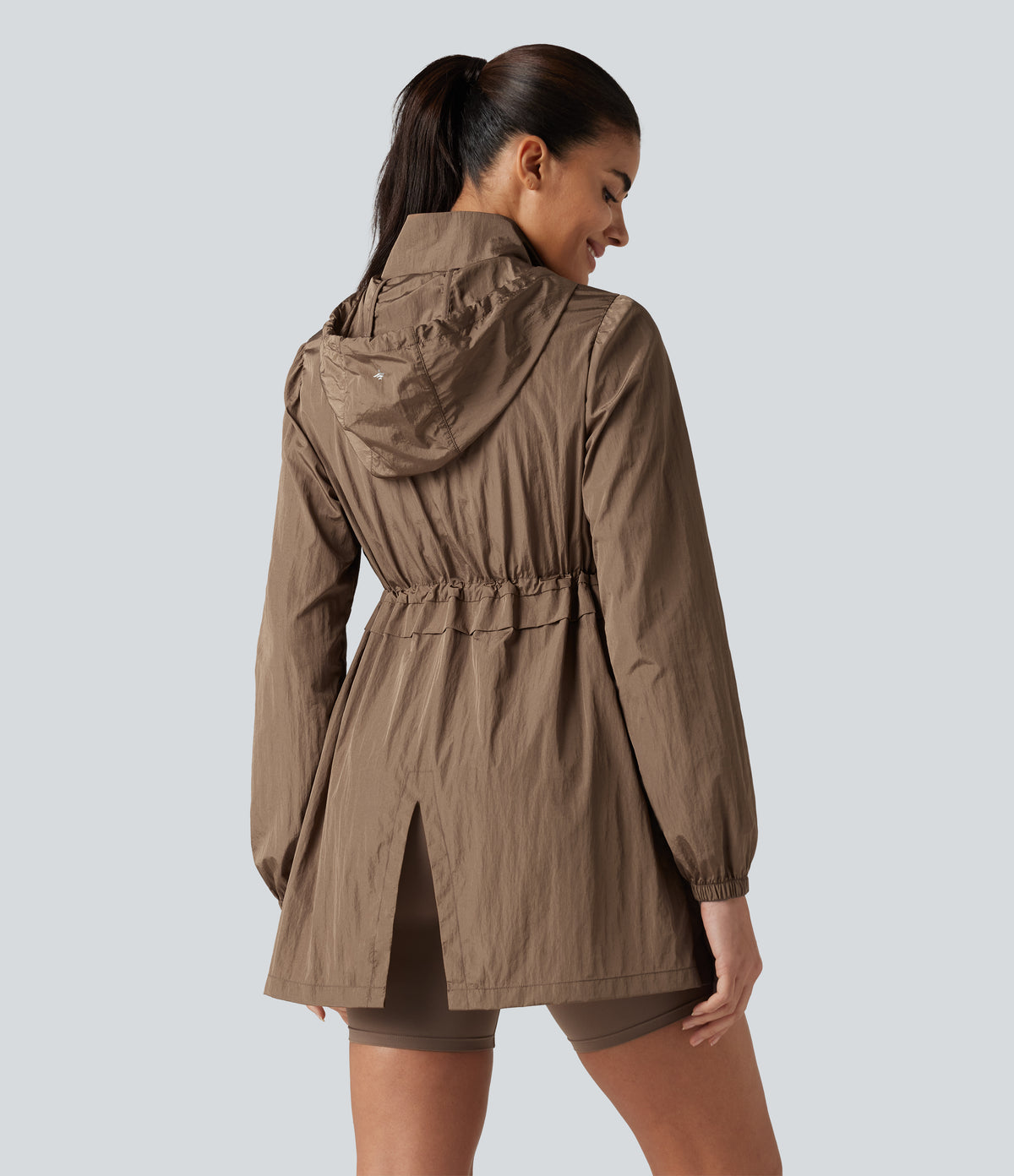 Durable Water Repellent Lightweight Hooded 2-Way Zipper Drawstring Split Hiking Jacket with Pockets — Coca Mocha — view 3