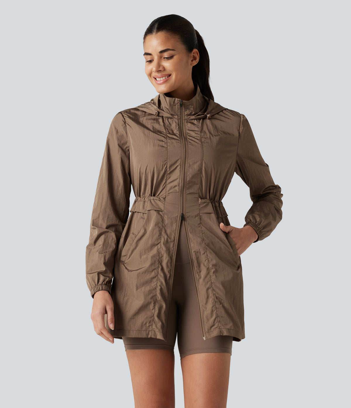 Durable Water Repellent Lightweight Hooded 2-Way Zipper Drawstring Split Hiking Jacket with Pockets — Coca Mocha — view 4