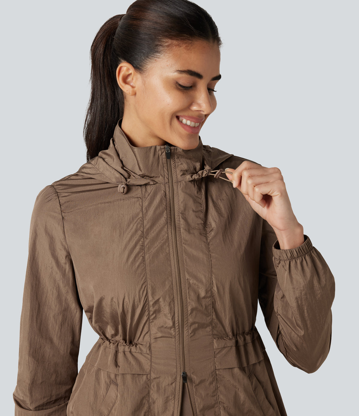 Durable Water Repellent Lightweight Hooded 2-Way Zipper Drawstring Split Hiking Jacket with Pockets — Coca Mocha — view 7