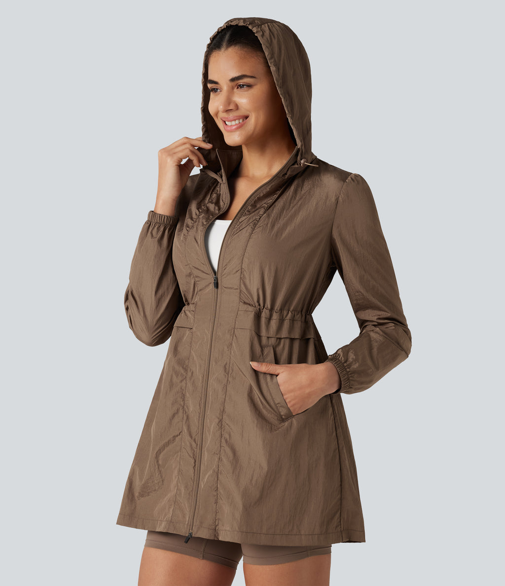 Durable Water Repellent Lightweight Hooded 2-Way Zipper Drawstring Split Hiking Jacket with Pockets — Coca Mocha — view 6