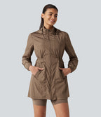 Durable Water Repellent Lightweight Hooded 2-Way Zipper Drawstring Split Hiking Jacket with Pockets — Coca Mocha — view 5