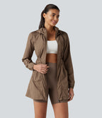 Durable Water Repellent Lightweight Hooded 2-Way Zipper Drawstring Split Hiking Jacket with Pockets — Coca Mocha — view 1
