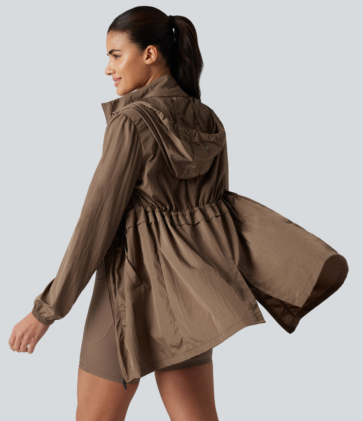 Durable Water Repellent Lightweight Hooded 2-Way Zipper Drawstring Split Hiking Jacket with Pockets — Coca Mocha — view 2