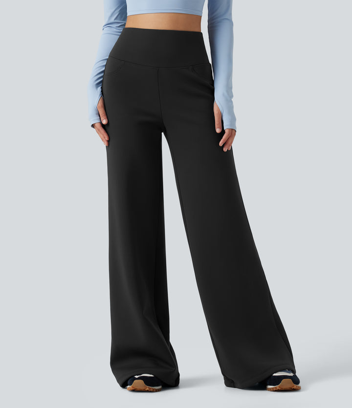 Extra Heat High Waisted Tummy Control Wide Leg Yoga Trousers with Pockets — Black — view 9