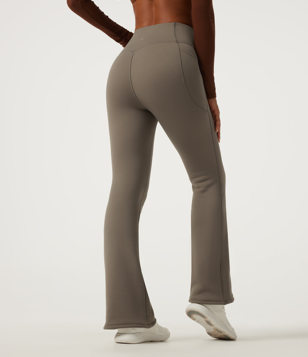 Heat High Waisted Bootcut Fleece Workout Leggings with Pockets — Dawn Brown — view 2