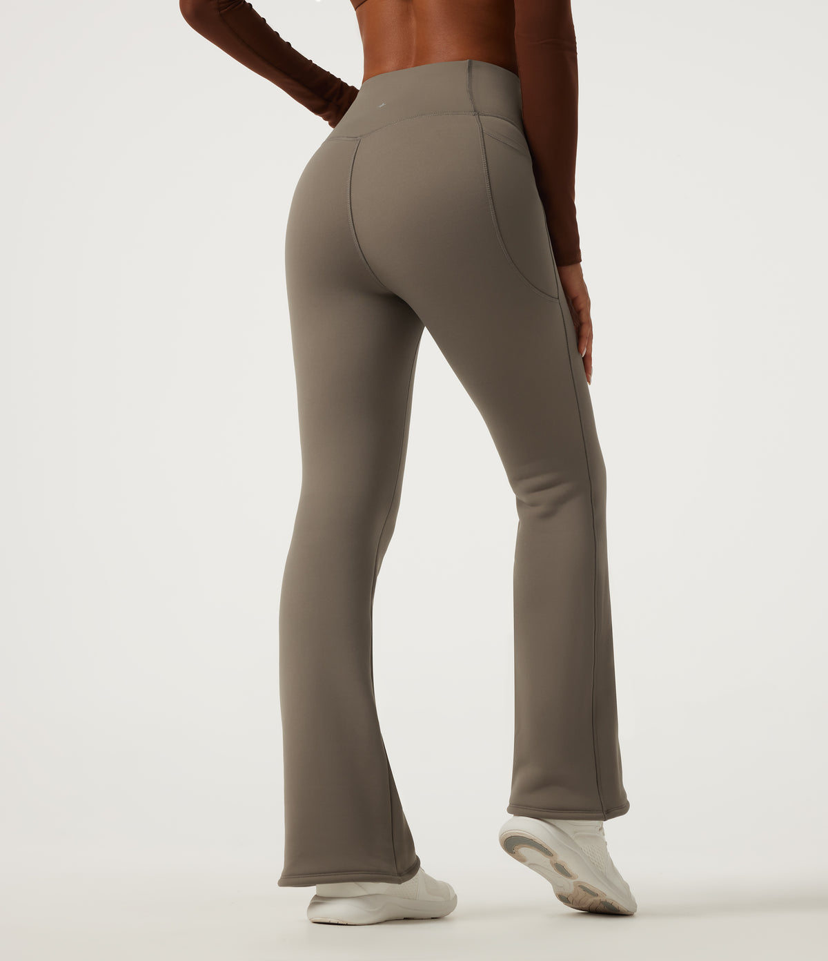 Heat High Waisted Bootcut Fleece Workout Leggings with Pockets — Dawn Brown — view 2