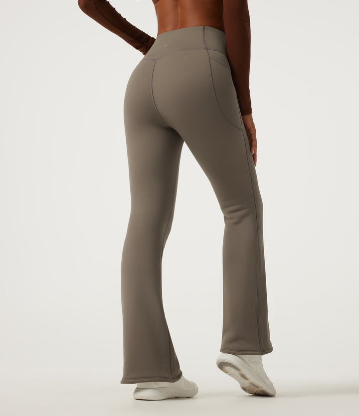 Heat High Waisted Bootcut Fleece Workout Leggings with Pockets — Dawn Brown — view 2