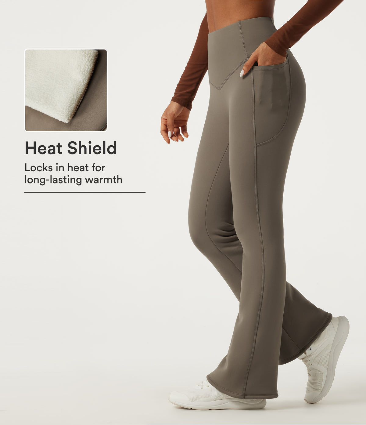 Heat High Waisted Bootcut Fleece Workout Leggings with Pockets — Dawn Brown — view 1