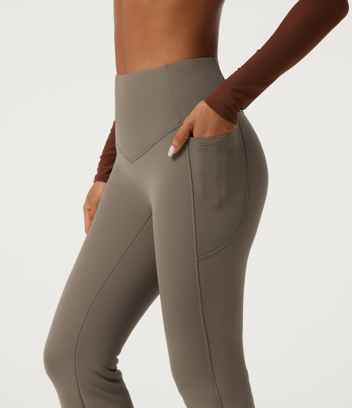 Heat High Waisted Bootcut Fleece Workout Leggings with Pockets — Dawn Brown — view 7