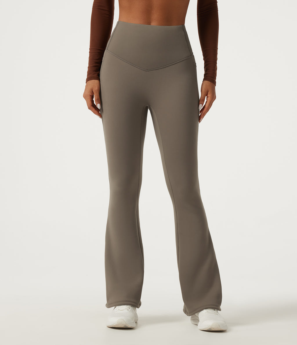Heat High Waisted Bootcut Fleece Workout Leggings with Pockets — Dawn Brown — view 3