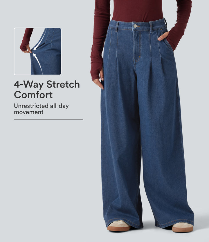 Mid Rise Wide Leg Casual Jeans with Pockets — Gulf Stream Blue Denim — view 1