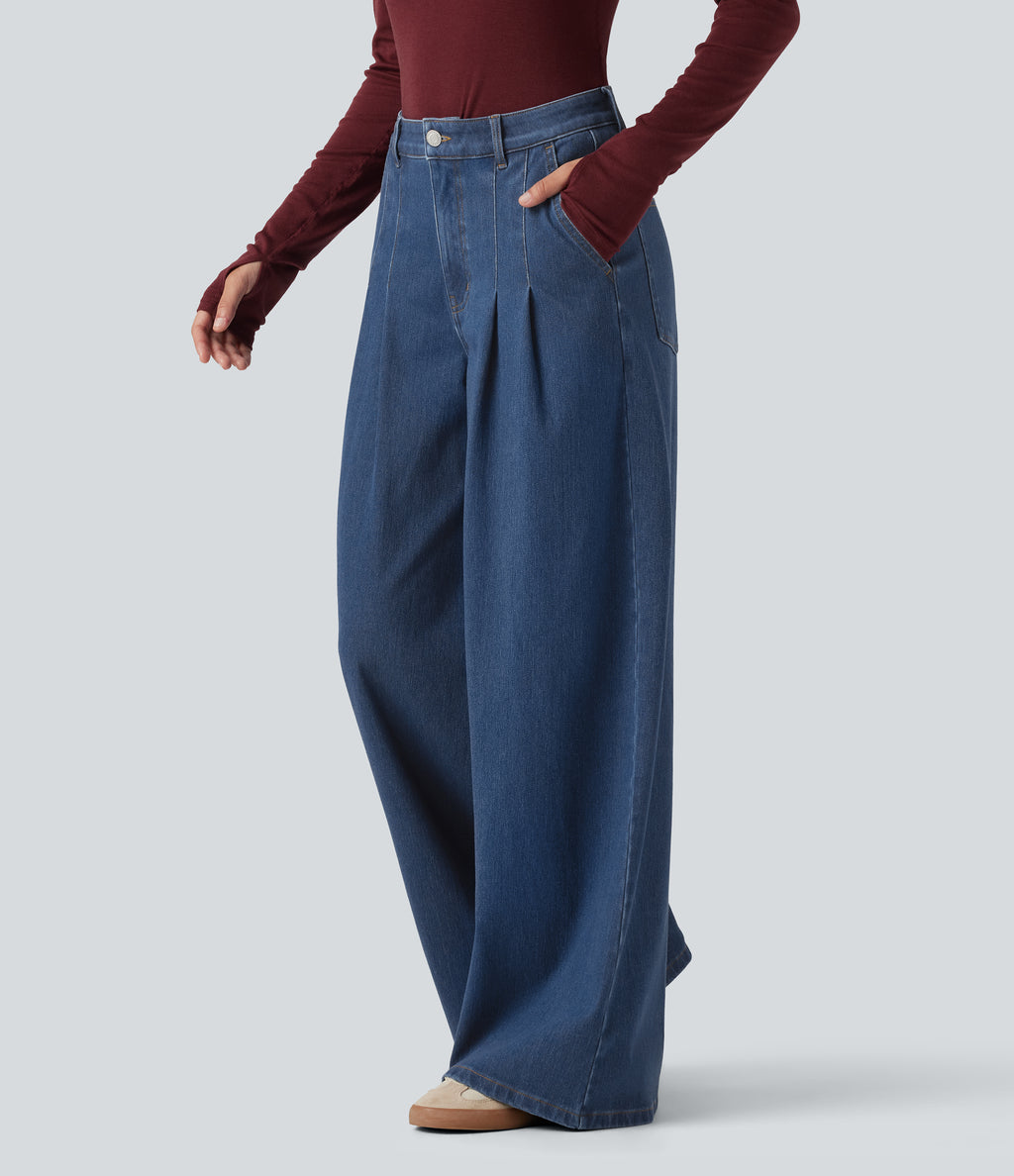 Mid Rise Wide Leg Casual Jeans with Pockets — Gulf Stream Blue Denim — view 3