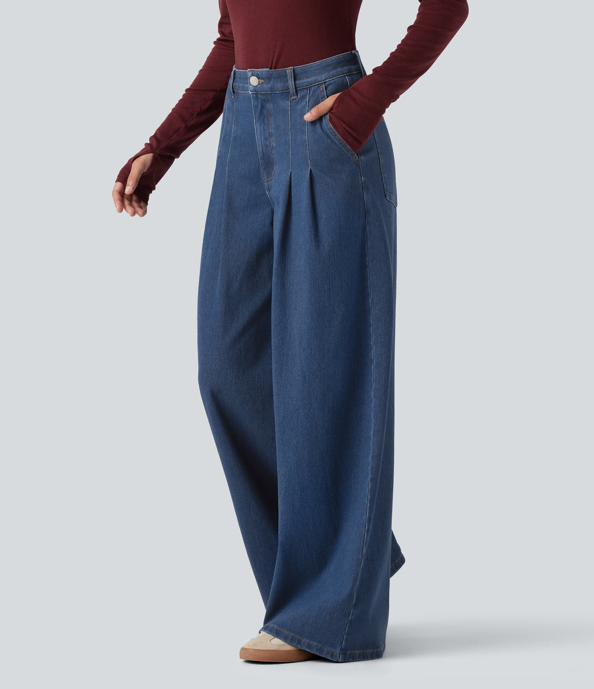 Mid Rise Wide Leg Casual Jeans with Pockets — Gulf Stream Blue Denim — view 3