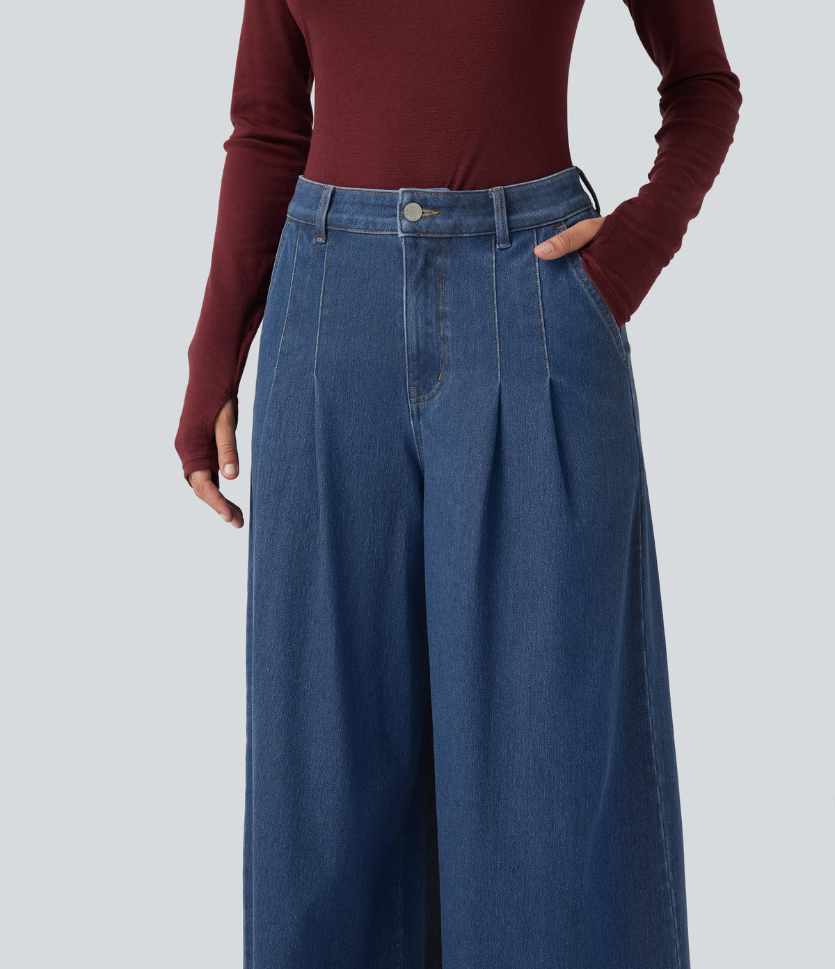 Mid Rise Wide Leg Casual Jeans with Pockets — Gulf Stream Blue Denim — view 5