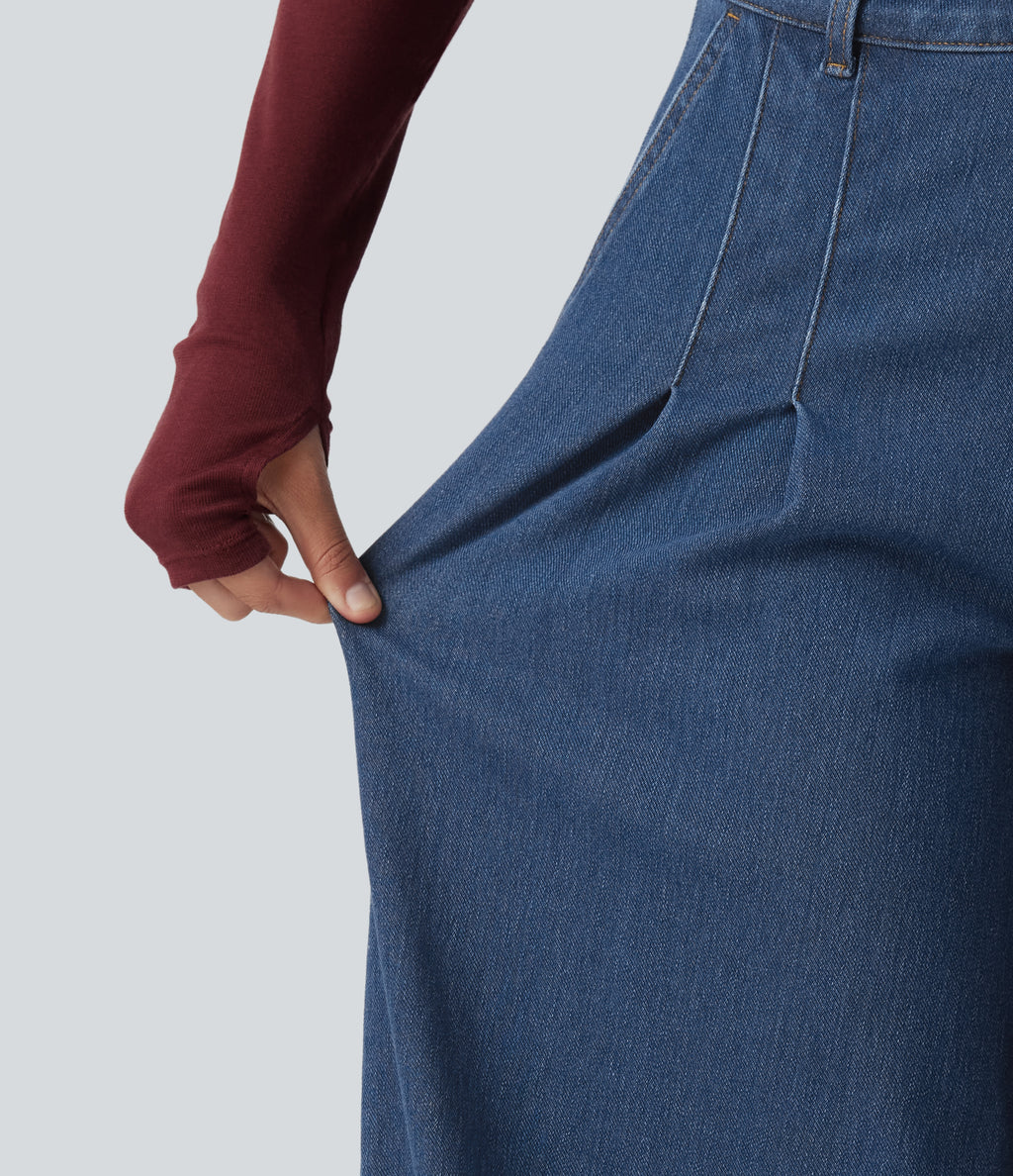 Mid Rise Wide Leg Casual Jeans with Pockets — Gulf Stream Blue Denim — view 6
