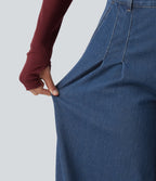 Mid Rise Wide Leg Casual Jeans with Pockets — Gulf Stream Blue Denim — view 6