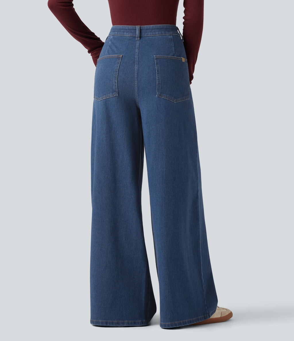 Mid Rise Wide Leg Casual Jeans with Pockets — Gulf Stream Blue Denim — view 2