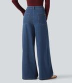 Mid Rise Wide Leg Casual Jeans with Pockets — Gulf Stream Blue Denim — view 2