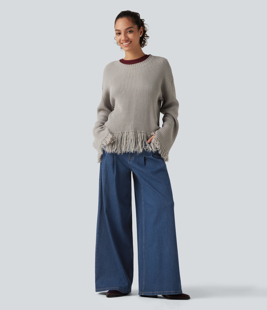 Mid Rise Wide Leg Casual Jeans with Pockets — Gulf Stream Blue Denim — view 7