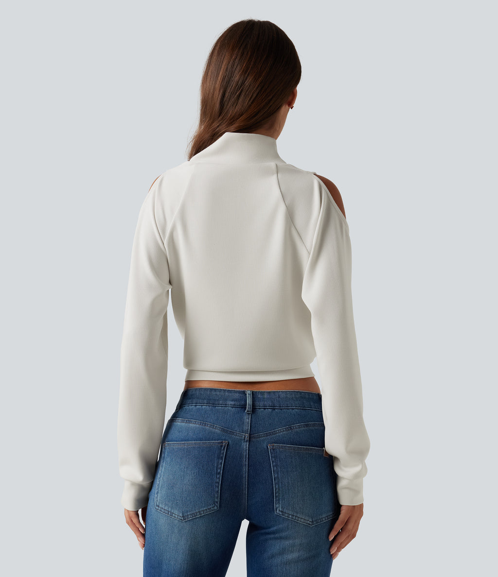Mock Neck Cold Shoulder Long Sleeve Casual Sweatshirt — Mistline Stripe — view 2